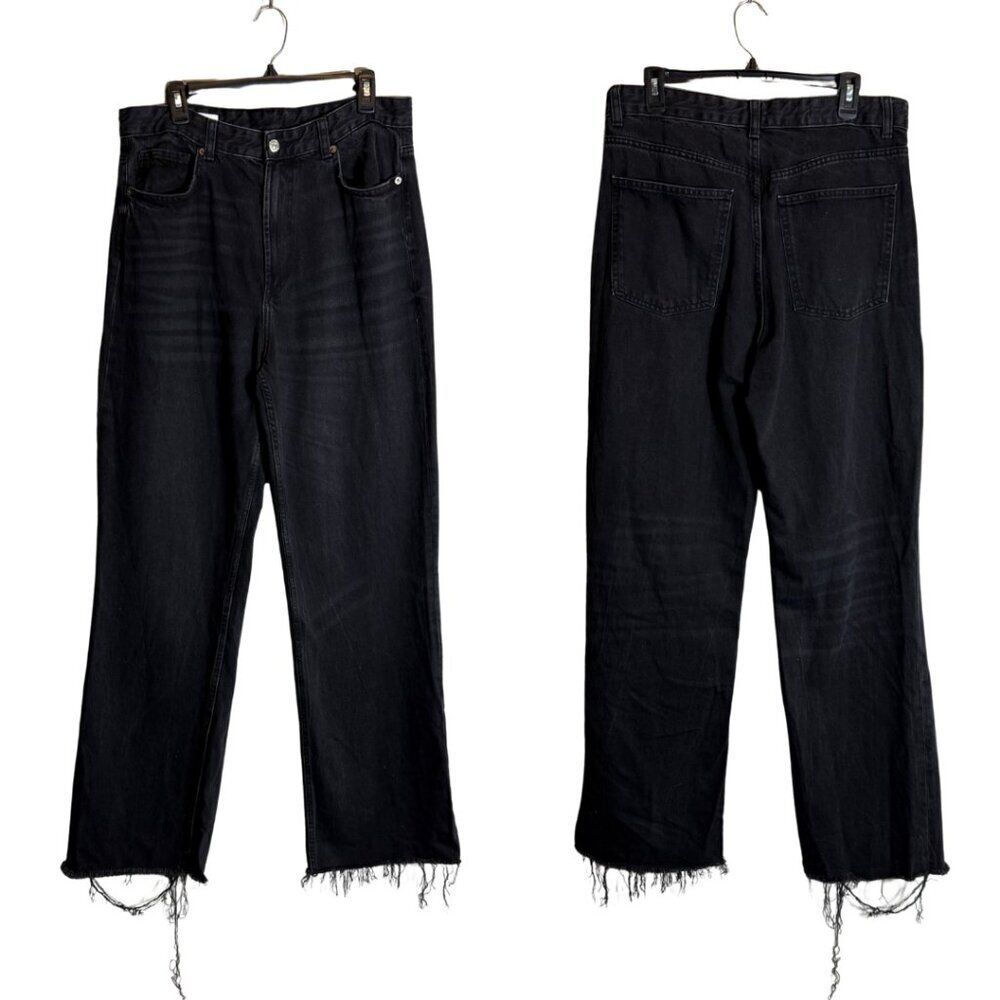 Zara TRF High Rise Wide Leg Denim Jeans Women's 12 Black Minimalist Raw Hem
